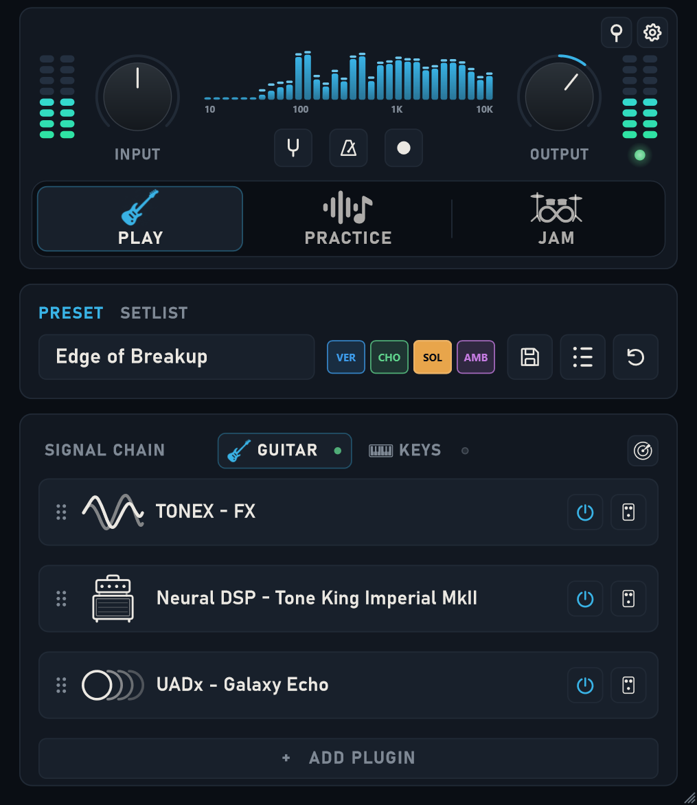 Jam Rig Play view showing a saved guitar preset, named scenes, and three plugins in a signal chain