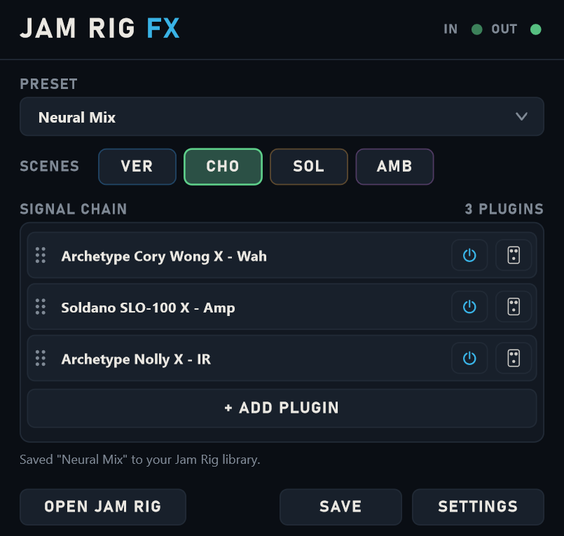 Jam Rig FX in a DAW with the saved Neural Mix preset, the chorus scene selected, and a wah, amp, and IR chain