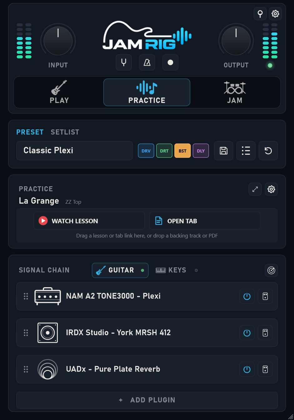 Jam Rig with a practice song linked to a video lesson and a tab, shown as Watch Lesson and Open Tab buttons