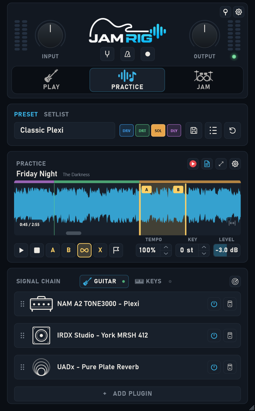 Jam Rig with a saved practice song, guitar effects, backing track, and loop controls