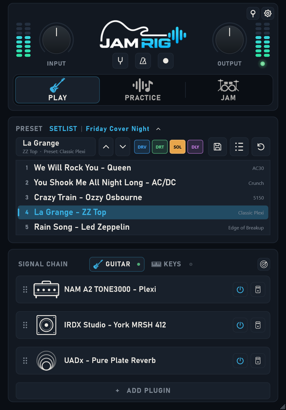 A Jam Rig setlist of five songs, each linked to its own preset